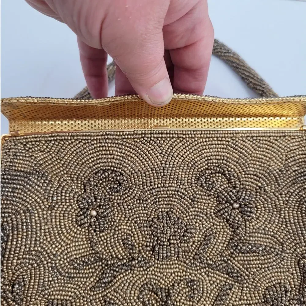 Vintage Gold Seed Bead Floral Evening Purse Art Deco Coquette Glamour Chic